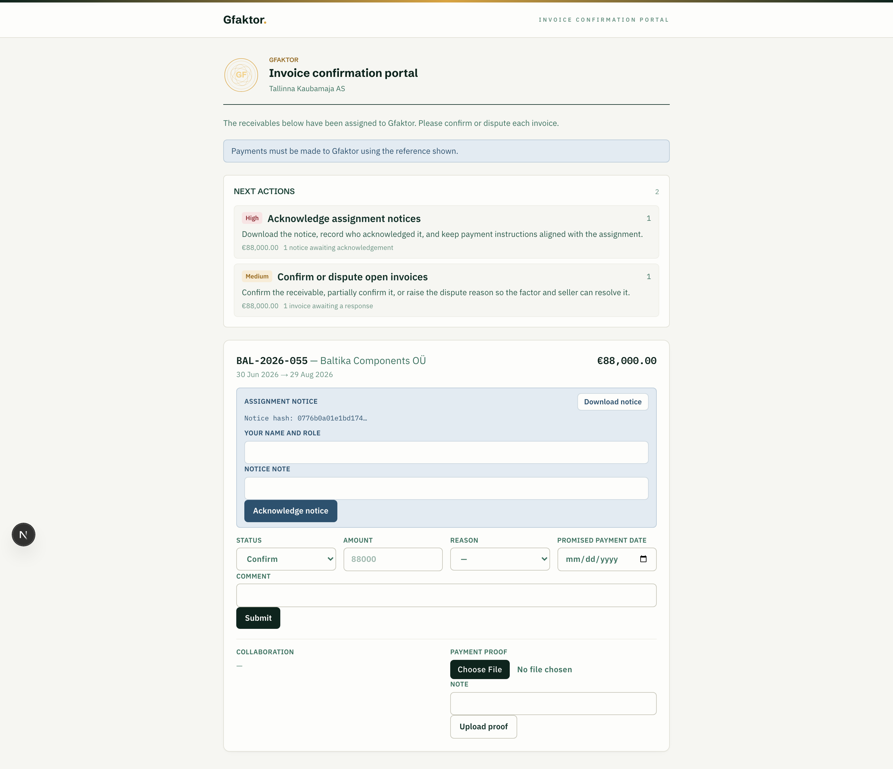 Debtor portal: full invoice confirmation flow with assignment notice, acknowledgement and payment promise