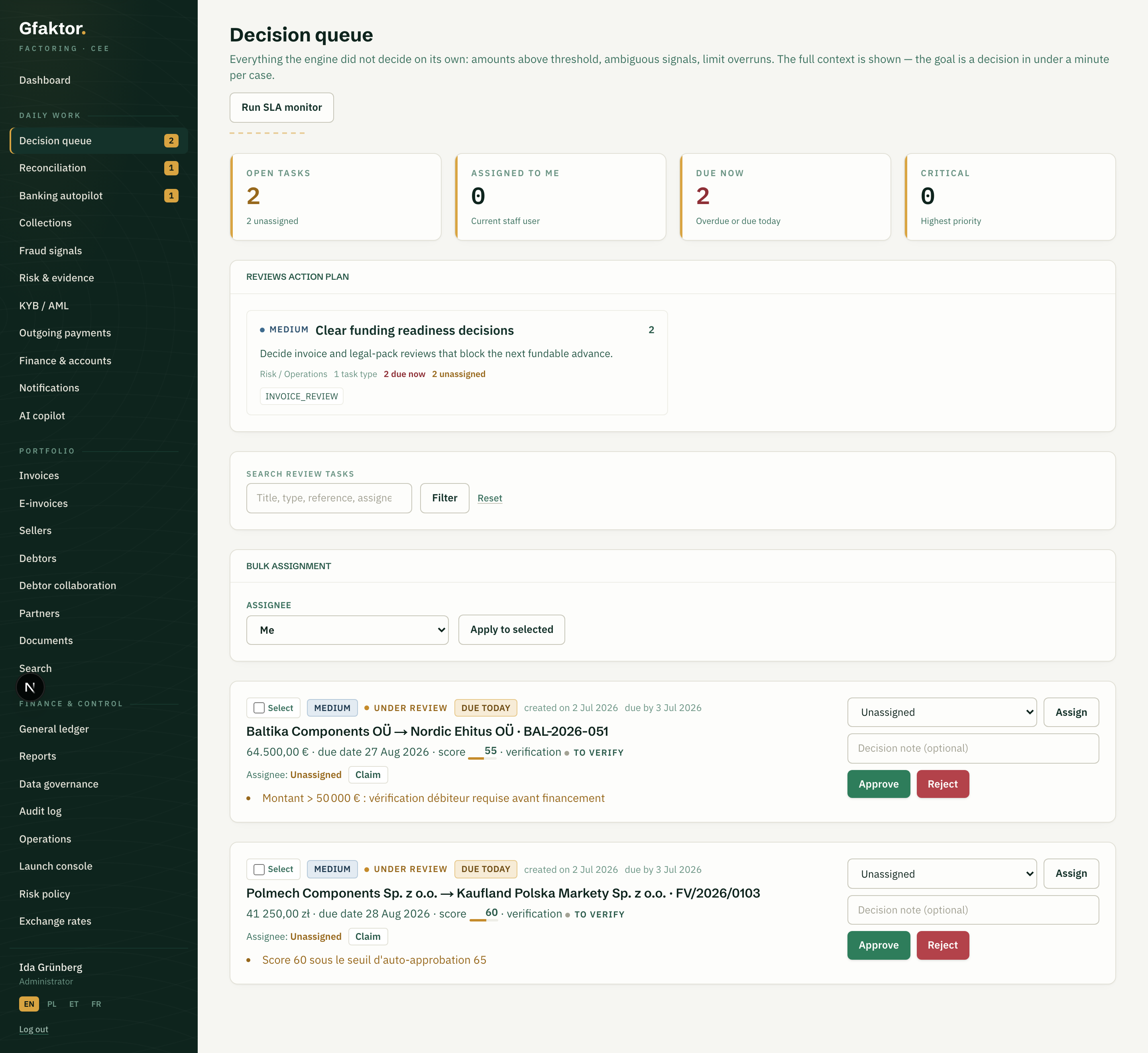 Operator back office: full decision queue with action plan, search, bulk assignment and review tasks