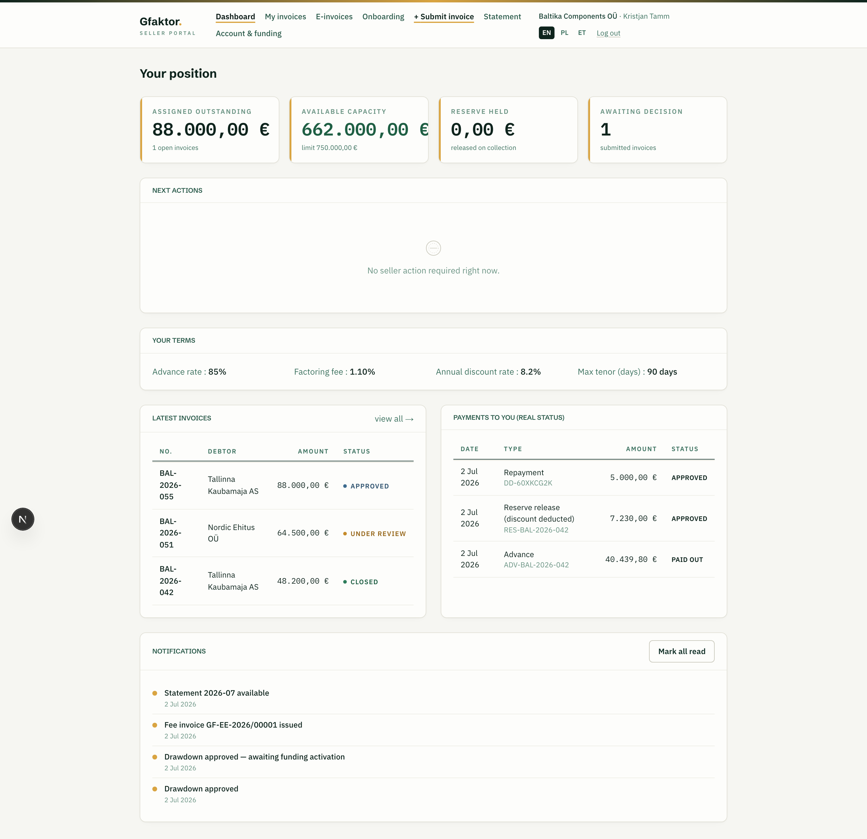 Seller portal: full dashboard with position, terms, latest invoices and payments